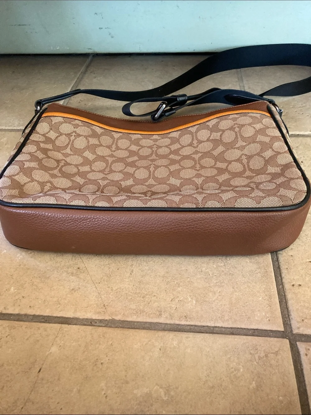 Coach Men’s Brown Signature Patterned Crossbody Messenger Bag with Stripe Accent